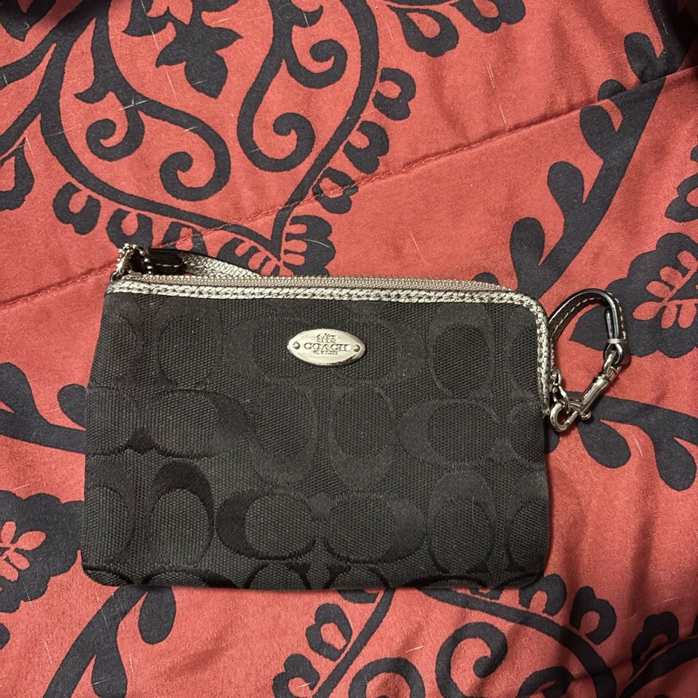 Coach Black Signature Wristlet with Silver Accents